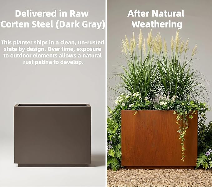 Decoroca Corten Steel Planter - Rectangular Metal Planter for Outdoor/Indoor - Rust-Resistant Large Décor for Patio&Garden - US-Design Naturally Rusting(Plants, Trees, Succulents)