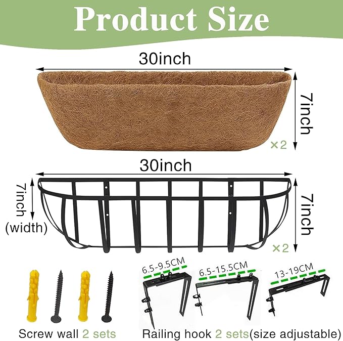 30 Inch Railing Planter Window Box Deck Balcony Rail Planter with Coco Liner Metal Wall-Mounted Coconut Liner Basket English Horse Trough for Outdoor Balcony Porch Fence Patio (2 Pack)