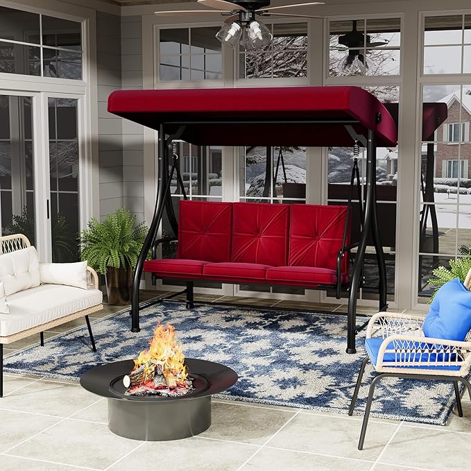 U-MAX Porch Swing Chair with Adjustable Backrest&Canopy, 3 Seat Patio Swing with Canopy 2-in-1 Convertible Outdoor Swing with Canopy Patio Daybed with Removable Burgundy Cushions