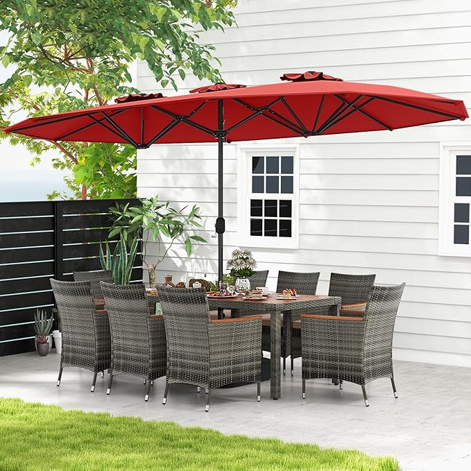 Tangkula 10 Pieces Patio Wicker Dining Set w/Double-Sided Patio Umbrella, Outdoor Acacia Wood Furniture Set w/ 8 Armchairs, 71” Dining Table & 15 ft Umbrella with Weighted Base (Wine)