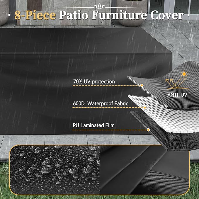 Aoxun 8 Piece Patio Furniture Set with 44” Fire Pit Table Wicker Rattan Outdoor Sectional Sofa Set with Coffee Table and Thickened Cushions, Gray (Waterproof Cover Included)