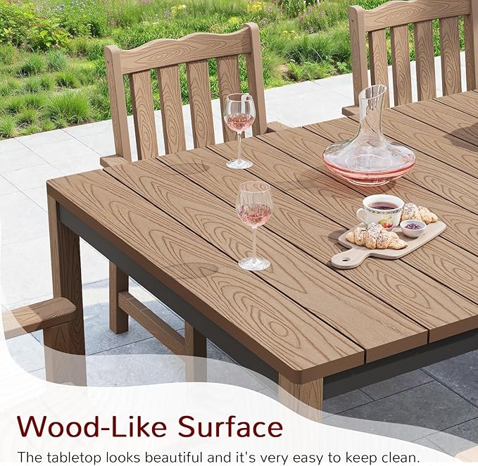 Stoog 7-Piece All-Weather Patio Dining Set, HIPS Dining Table with Cross-Braced Aluminum Frame & Umbrella Hole, 6 Waterproof Chairs, Fade & Rot Resistant, for Backyard, Garden, Deck, Teak