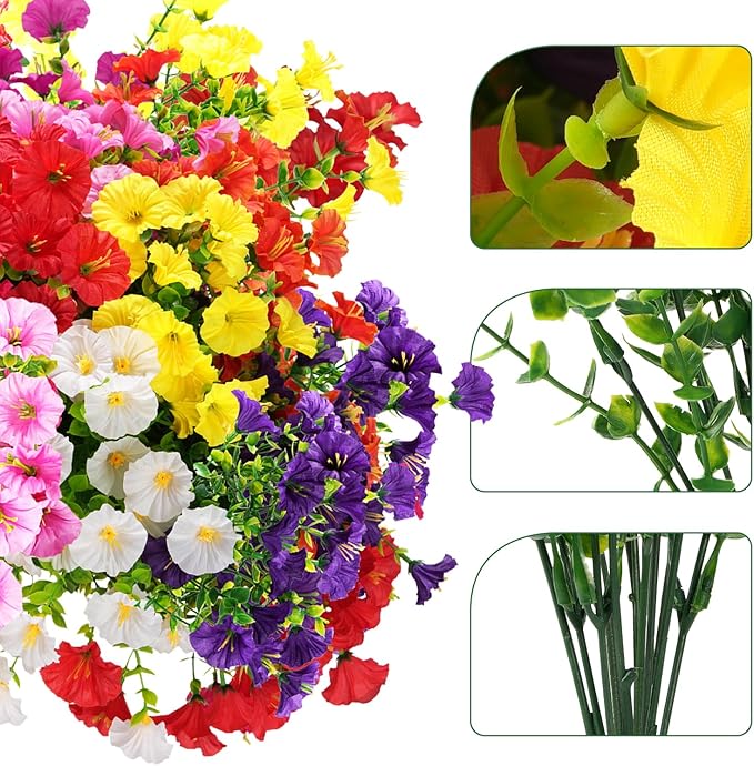 Artificial Flowers for Outdoors, UV Resistant Fake Silk Morning Glory, Realistic Faux Plants for Outside Porch Patio Window Box Hanging Planter (16, Purple Fuchsia Yellow Orange)