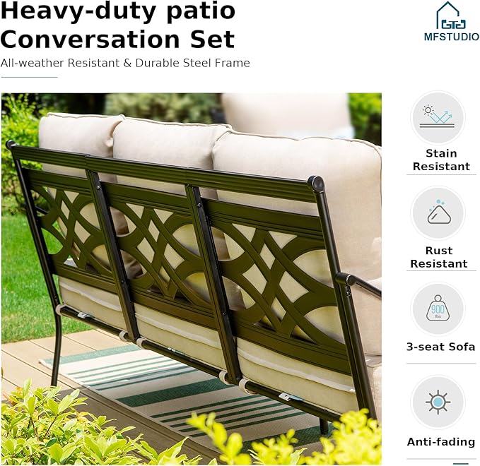 MFSTUDIO 7 Seats Large Metal Patio Conversation Sets, 6 Pieces Outdoor Patio Furniture Sofa with 4 Motion Chairs, 1 Sofa(3-seat) and Table for Outside Balcony Backyard Poolside