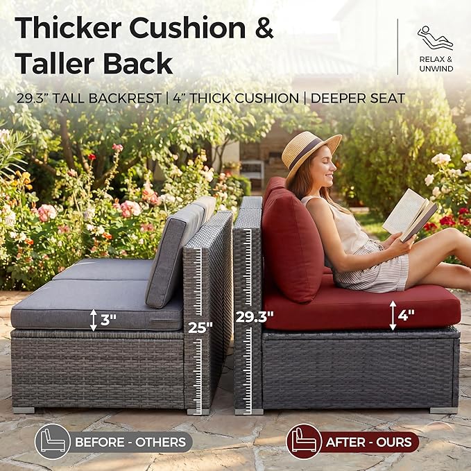 NICESOUL 13 Piece Wicker Outdoor Patio Furniture Set with Fire Pit, XL Size 10-Seater Patio Sectional with Firepit & Chaise Lounge, All Weather 500 lbs Heavy Duty Outside Sofa, Grey & Red