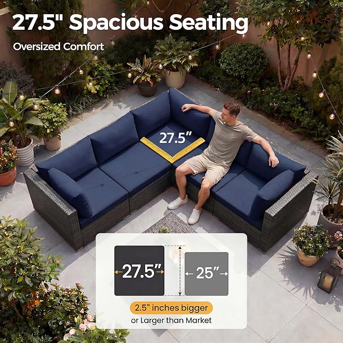 NICESOUL 29.3'' High-Back Outdoor Patio Conversation Set with Fire Pit Table Gas Propane Dual-Fuel, 7 Pcs Oversized Deep & Wide Seated Wicker Sectional Sofa Furniture Set with Firepit, Navy Blue