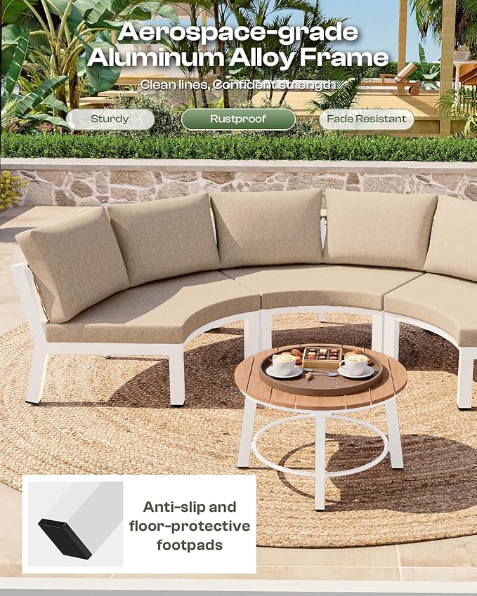 Outdoor Patio Sectional Modular Sofa, Aluminum 1 Piece Curved Patio Couch with Washable Cushions, All Weather PE Rope Sofa for Backyard,Porch, Deck, Poolsid, White