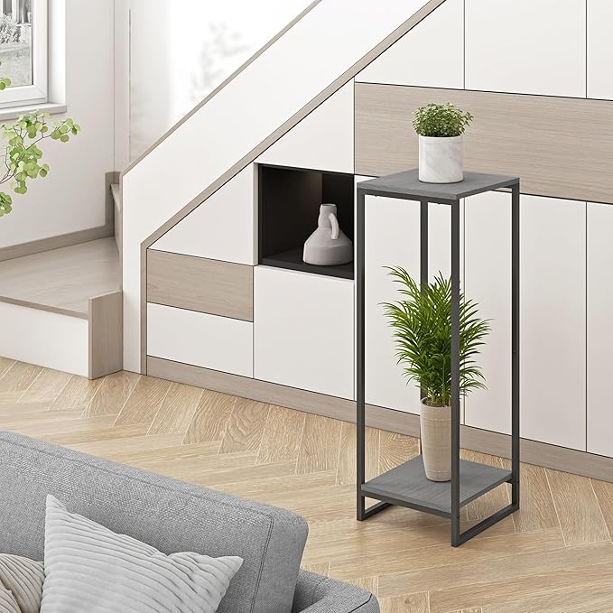 34" Tall Plant Stand Indoor, 2-Tier Modern Plant Shelf, Corner Flower Pot Holder Organizer for Living Room Balcony Patio Garden (Oak Grey)