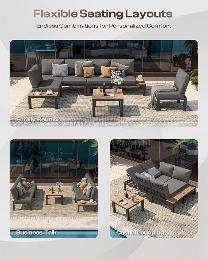 Aluminum Outdoor Patio Furniture Set, 4 Seats Modular Patio Sectional Sofa Set with Adjustable Backrest & Removable Cushions, All-Weather Outdoor Conversation Sets for Garden & Yard, Graphite