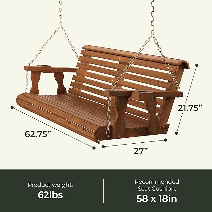 Amish Casual 4 Foot Roll Back Porch Swing with Cup Holders in Cedar Stain - Amish Made in The USA from Treated Pine Heavy Duty 700 Lb. Weight Capacity