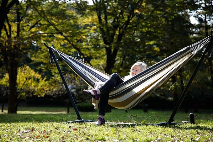 Vivere Double Cotton Hammock with Space Saving Steel Stand, Upgraded Polyester End Strings 450 lb Capacity - Premium Carry Bag Included - (Desert Moon)