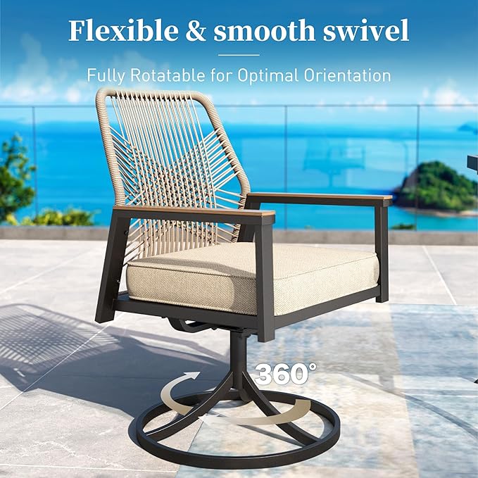 Patio Dining Set 9 Piece, 8 x Woven Rattan Swivel Chairs with Waterproof Cushion, 60" Square Wood-Like Metal Table with Umbrella Hole, Outdoor Table and Chairs Set for Backyard Lawn and Deck, Beige