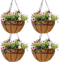 10 inch Metal Hanging Baskets For Plants Outdoor 4 Pack Round Metal Wire Hanging Basket Planter with Coco Fiber Liners Chain Round Wire Plant Holder for Garden, Patio, Deck, Porch Plants Flower Potsss