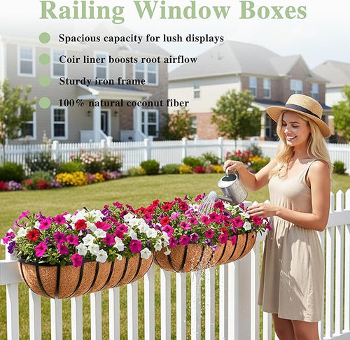 36 Inch Railing Planter Window Box Deck Balcony Rail Planter with Coco Liner Metal Wall-Mounted Coconut Liner Planters Basket Horse Trough Planters for Outdoor Balcony Porch Fence Patio (2 Pack)