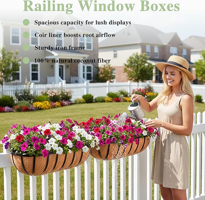 30 Inch Railing Planter Window Box Deck Balcony Rail Planter with Coco Liner Metal Wall-Mounted Coconut Liner Basket English Horse Trough for Outdoor Balcony Porch Fence Patio (2 Pack)