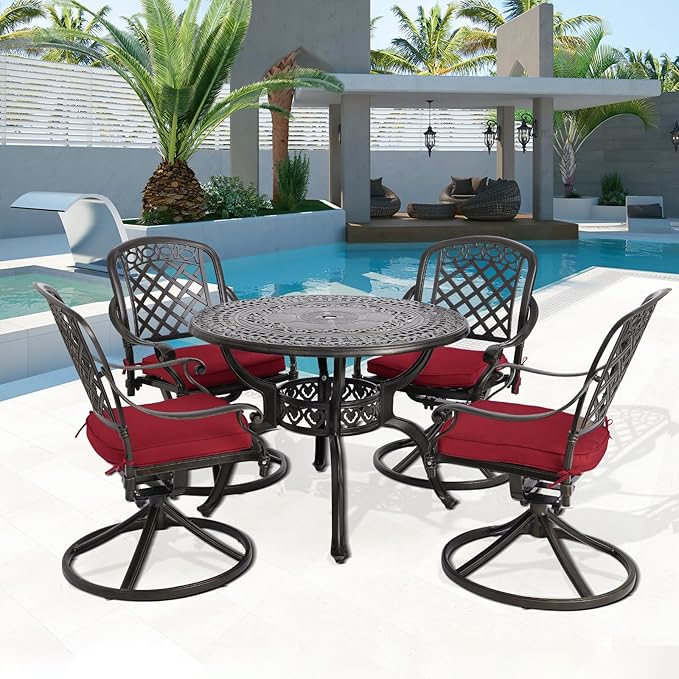 Cast Aluminum Outdoor Patio Dining Set, All Weather Outdoor Furniture Dining Set for Patio, Balcony, Lawn, Garden, Backyard (1 Round Table+4 Red Swivel Dining Chairs)