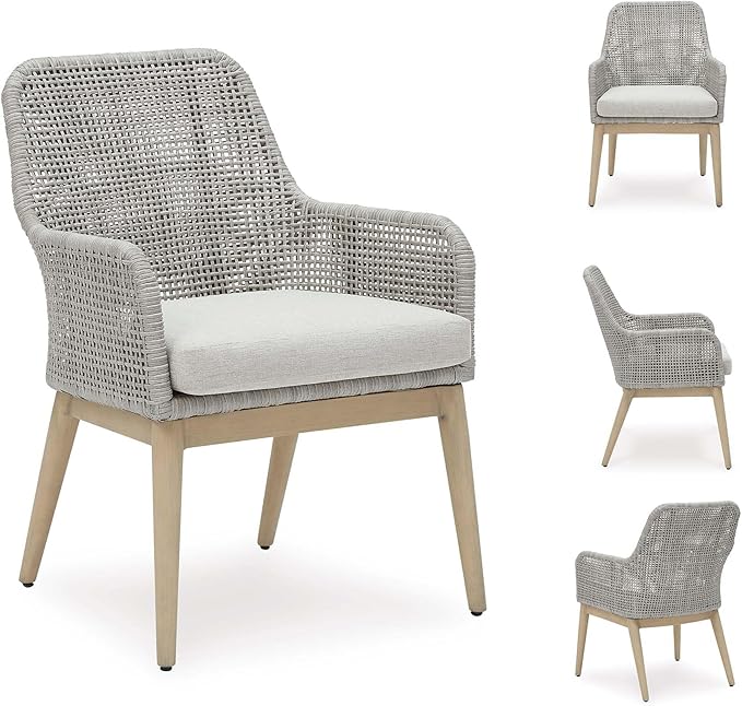 Signature Design by Ashley Seton Creek Cottage Nuvella Weather Resistant Fabric Outdoor Dining Arm Chair with Cushion, Set of 2, Light Brown & Light Gray