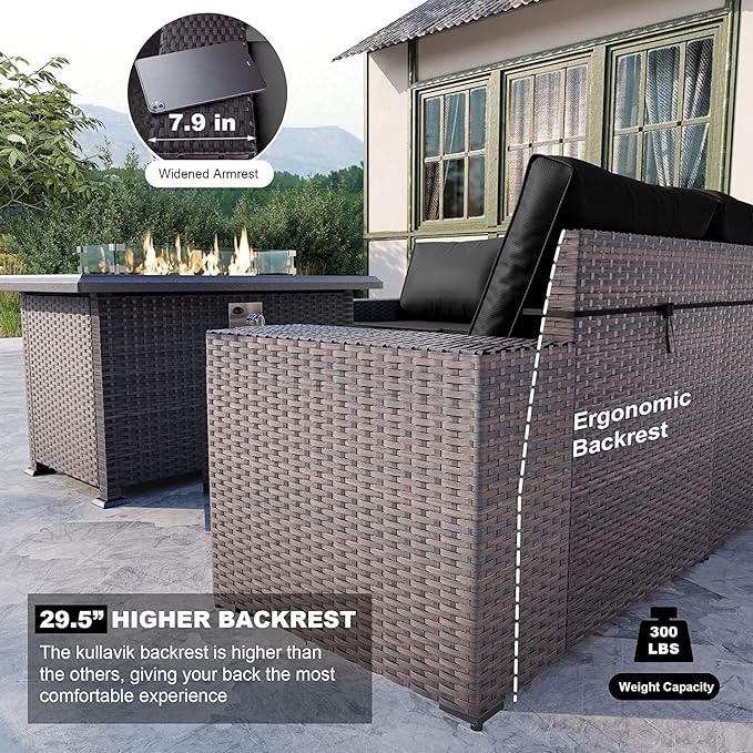 Kullavik 7 Pieces Outdoor Patio Furniture Set with 43" 55000BTU Gas Propane Fire Pit Table PE Wicker Rattan Sectional Sofa Patio Conversation Sets,Black