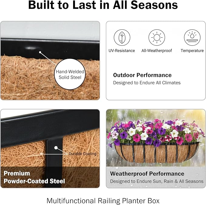 36“ Window Box Railing Planter with Coco Liner Metal Wall-Mounted Coconut Liner Planters Basket English Horse Trough Planter for Outdoor Deck Balcony Porch Fence Patio Black (4 Pack)