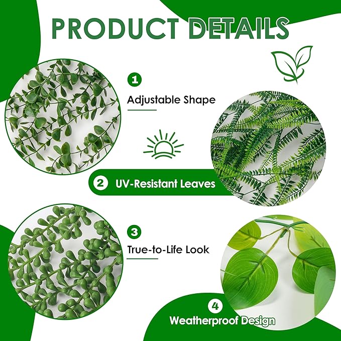 Der Rose 4Pcs Fake Plants Hanging Artificial Ivy Vine Faux Eucalyptus Hanging Plants, Boston Fern, String of Pearls for Living Room Bedroom Boho Wall Shelf Indoor Outdoor Decor
