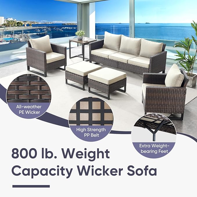 Belord 7 Pieces Patio Furniture Set with 50000BTU Propane Fire Pit Table: Wicker Patio Conversation Set with Outdoor Club Chairs Patio Couch Metal Side Table, All Weather Brown Rattan