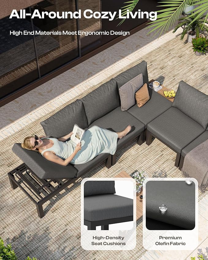 Aluminum Outdoor Patio Sofa Set, 2 Seats Modular Sectional Single Seat Sofa Chairs with Removable Cushions, All-Weather Outdoor Conversation Sets for Garden & Yard, Graphite