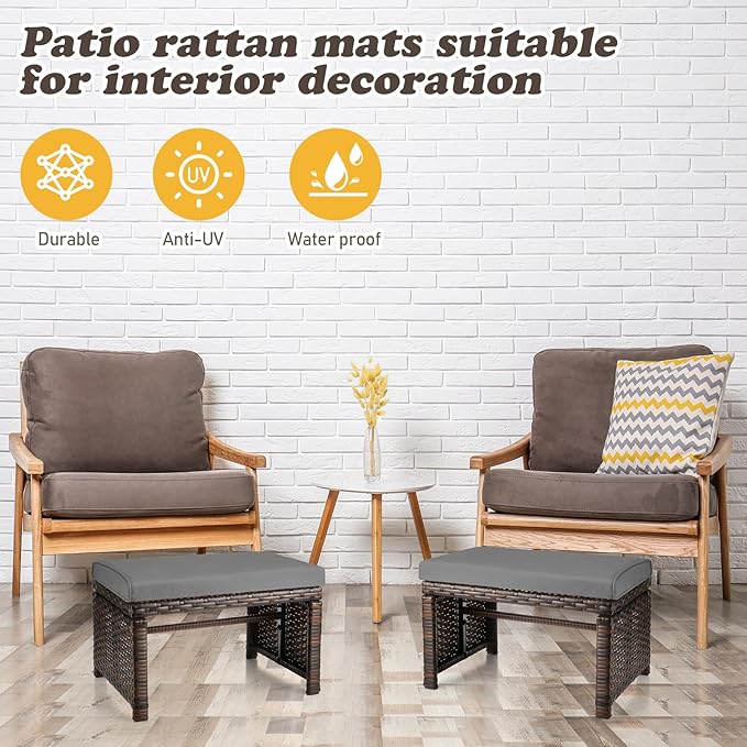 2 Pcs Patio Rattan Ottomans Outdoor Wicker Ottomans Patio Footstool Footrest with Removable Cushion Soft Zippered Cushions Function Footstool Seat Table for Backyard Balcony Poolside(Gray, Black)