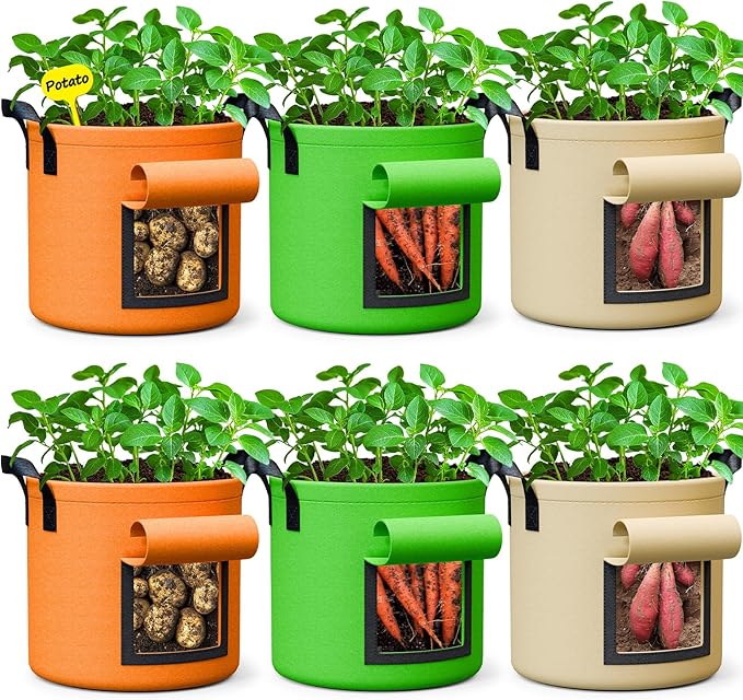 15 Gallon Potato Grow Bags - 6-Pack 350g Heavy Duty Thick Nonwoven Fabric Pots with Durable Handles, Large Potatoes Grow Bags 15 Gal with Flap, Aeration Fabric Containers with 6 Pcs Plant Labels
