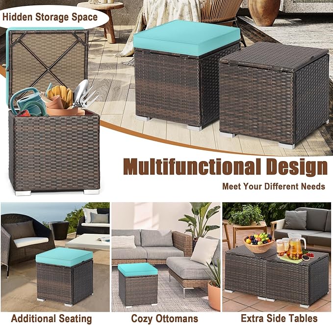 RELAX4LIFE Wicker Outdoor Storage Ottoman, 2-Piece Rattan Footstool w/Removable Cushion, Multipurpose Footrest Stool Side Table Additional Seating, Set of 2 Outdoor Ottomans for Patio Deck (Turquoise)