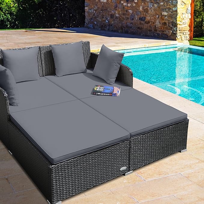 RELAX4LIFE Rattan Patio Outdoor Daybed, Wicker 2-Person Sunbed Loveseat with Soft Cushions, 4 Pillows, Curved Backrest & Armrest, Double Bed Lounger Sofa Set for Balcony Porch, Patio Bed (Grey)