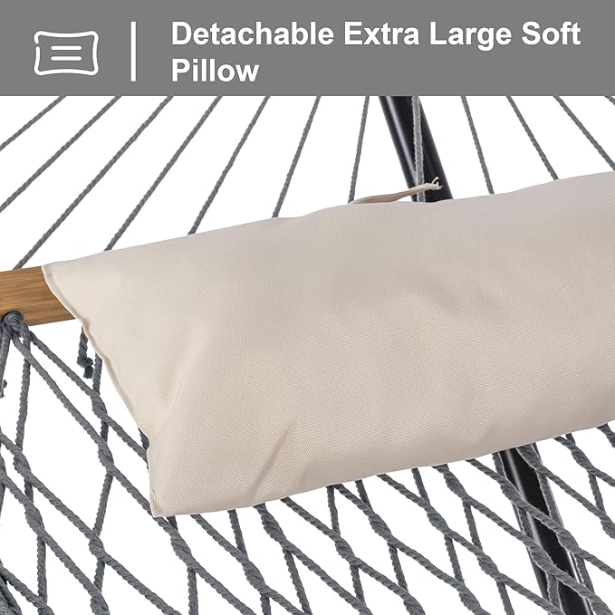 SUNCREAT Rope Hammock with Stand Included, Portable Double Hammock with Soft Pillow, Gray