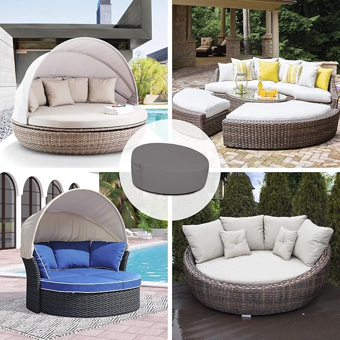 Easy-Going Heavy Duty 600D Outdoor Daybed Cover 75 Inch UV Resistant Patio Round Sofa Cover Waterproof Outdoor Canopy Daybed Sofa Cover with Air Vent 75" Dia x 35"/18" H, Grey