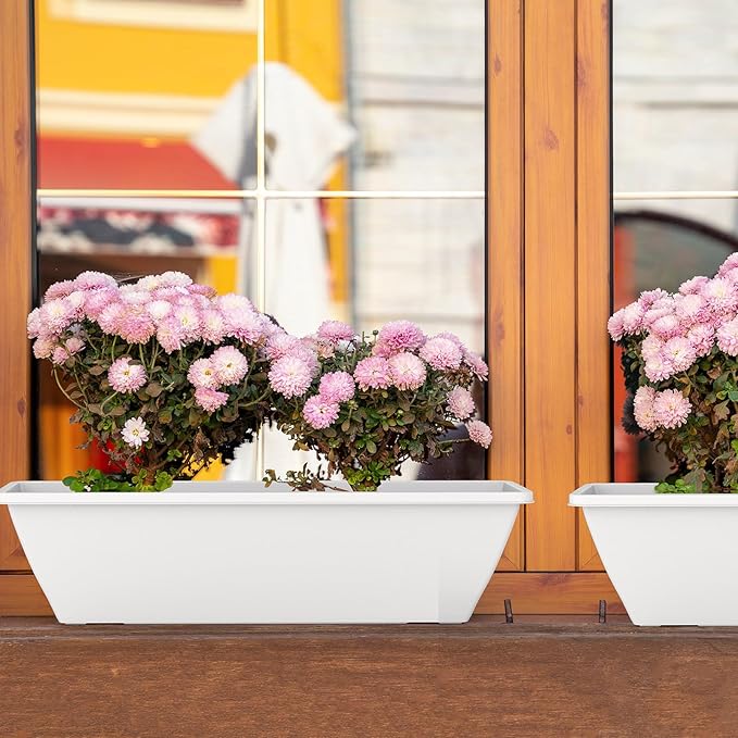 8 Pack 24 Inch Window Planter Box, White Large Plastic Rectangle Flower Planter Boxes with Water Absorbing Net Indoor and Outdoor Flower Pots for Windowsill, Balcony, Patio, Porch (White, 24 Inch)