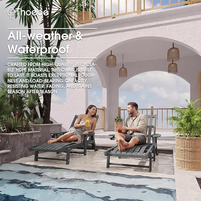 Patio Chaise Lounge Chair Set of 2, Oversized Lounge Chair Outdoor with 5 Positions, HDPE, Patio Lounge Chair with Wheels & Cup Holder for Pool, Deck, Poolside,Grey
