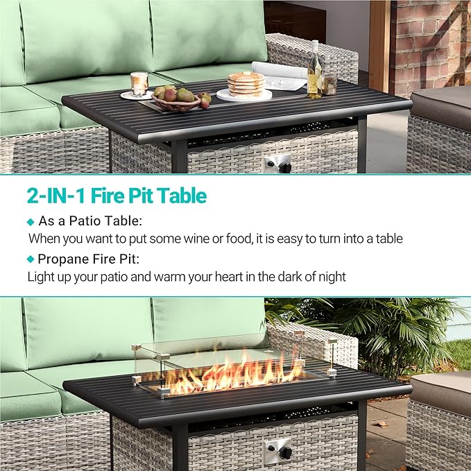 9-Piece Outdoor Patio Furniture Set with 55,000 BTU Fire Pit Table, PE Wicker Rattan Sectional Sofa Patio Conversation Set with Ottomans & Coffee Table, Light Green