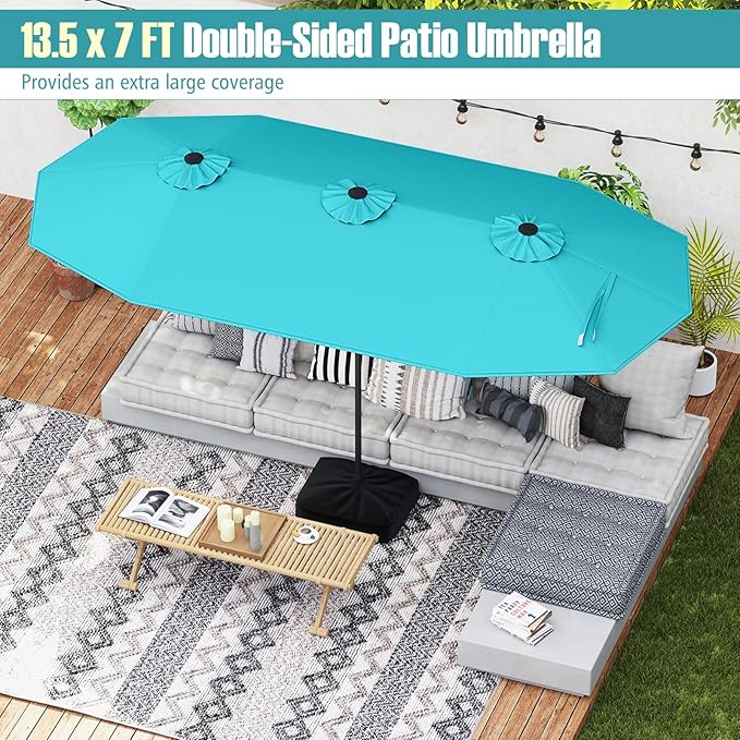 Tangkula 9 Piece Rattan Outdoor Dining Set with 13Ft Umbrella for 6, Outdoor Wicker Table Set with 6 Cushioned Armchairs, Acacia Wood Top, Outdoor Umbrella & with Base Included