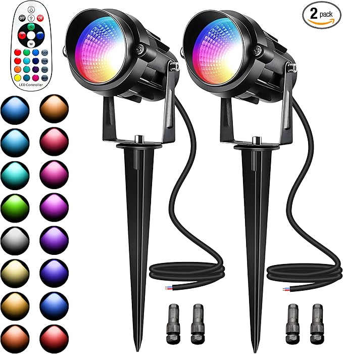 Christmas Landscape Lights 12W RGBW Outdoor Spot Lights for Yard, Low Voltage LED Landscape Spotlight with Remote Control, IP65 Waterproof Yard Spotlgiht for Lawn, Garden, 2 Pack