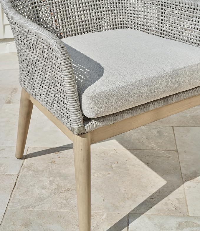 Signature Design by Ashley Seton Creek Cottage Nuvella Weather Resistant Fabric Outdoor Dining Arm Chair with Cushion, Set of 2, Light Brown & Light Gray