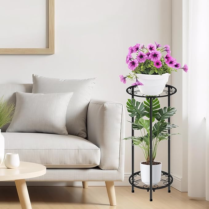 CASIMR Plant Stand Indoor Outdoor, Metal Rustproof Flower Shelf 2 Tier 23.9 inch, Tall Multiple Plant Pot Holder Rack for Garden Patio Living Room Corner Balcony, Black