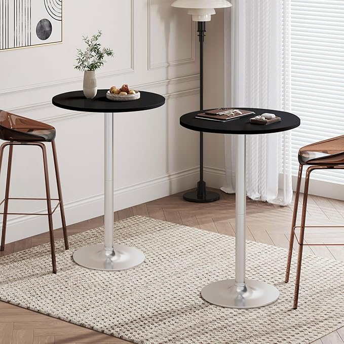Flamaker Round Bistro Pub Table Modern Style Metal Base MDF Top Cocktail Bar Table Counter Bar Height for Pub, Dining Room, Party (2, Black-Silver)