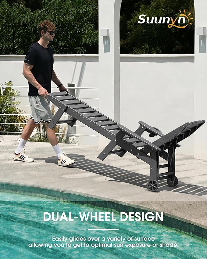 Chaise Lounge Outdoor, Lounge Chair Outdoor with Wood Texture, Adjustable 5-Position Backrest, HDPE Lounge Chair with Wheels & Cup Holder for Pool Deck Backyard, Dark Grey