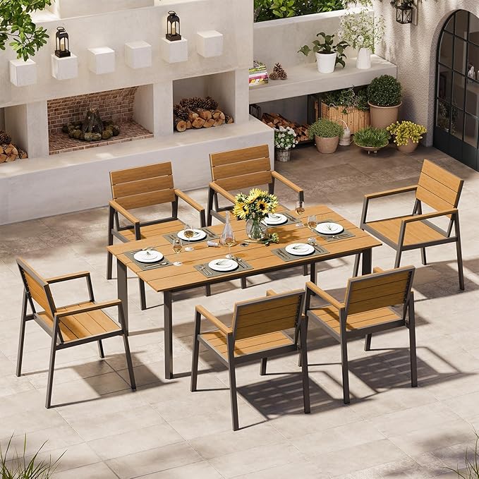 Aluminum Outdoor Dining Set for 6, Patio Table and Chairs Set with Umbrella Hole, 7 Piece HDPS Outdoor Furniture Set for Patio, Garden (Gray & Teak)