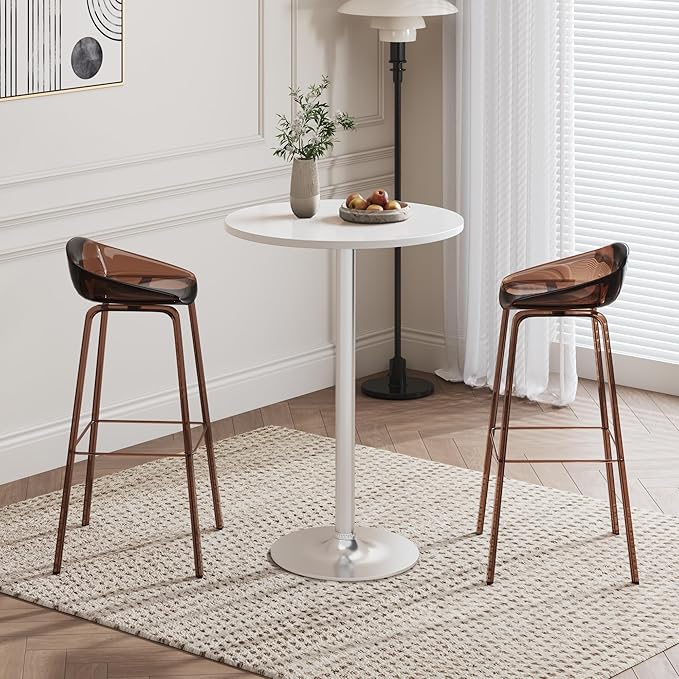 Flamaker Round Bistro Pub Table Modern Style Metal Base MDF Top Cocktail Bar Table Counter Bar Height for Pub, Dining Room, Party (2, White-Silver)