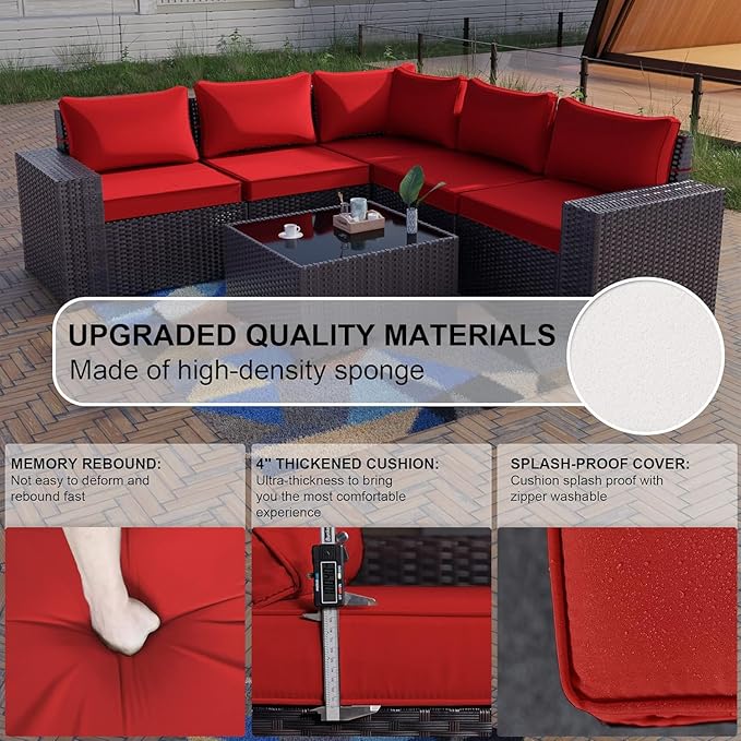 Kullavik 6PCS Outdoor Patio Furniture Set PE Wicker Rattan Sectional Sofa Patio Conversation Sets,Red