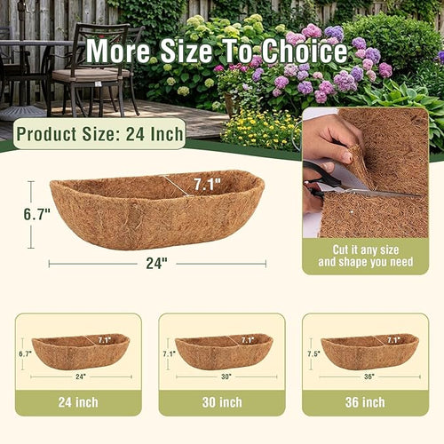 4 Pcs 24 Inch Trough Coco Liner for Window Box, 100% Natural Half Moon Coconut Coir Planter, Replaceable Coconut Fiber Liner for Window Boxes & Fence Flower Baskets (4, 24 inch)