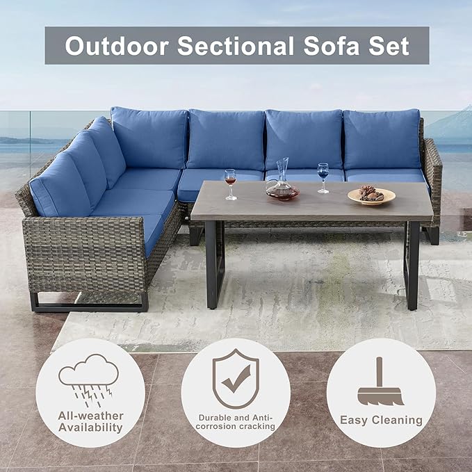 Belord Patio Sectional Furniture Set with Coffee Table: 8 Pieces Wicker Patio Conversation Set with L Shaped Sofa, Outdoor Swivel Glider Rocker, Rattan Ottomans, Removable
