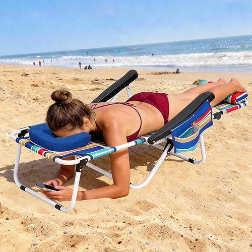 ABORON Tanning Chair with Face Hole, 5-Position Adjustable Reclining Beach Lounge Chair, Folding Face Down Sun Lounger for Beach, Poolside, Patio, Lawn, Home(Multicolor Stripes)