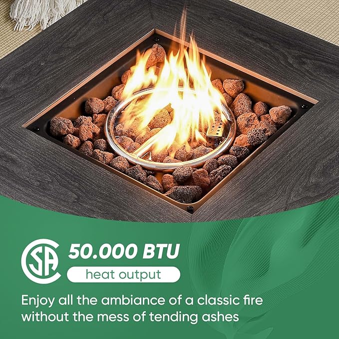 Belord 5 Pieces Wicker Patio Furniture Set: 4 Outdoor Swivel Glider Rocker Patio Conversation Set with 50000BTU Propane Fire Pit Table, All Weather Brown Rattan Anti-Rust Frame, Blue Cushion