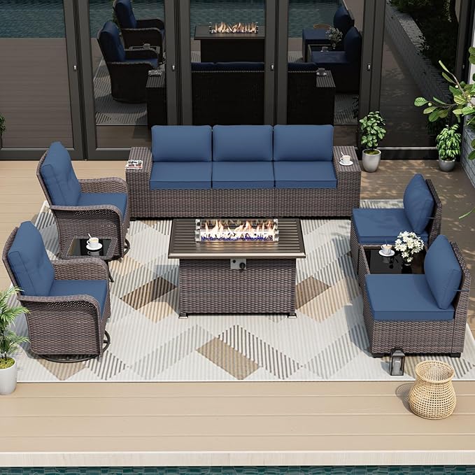 ALAULM 10 Pieces Patio Furniture Set with 2 Swivel Chairs Patio Furniture Outdoor Sectional Sofas with 55000 Gas Fire Pit Patio Conversation Set w/7 Cushions-Dark Blue