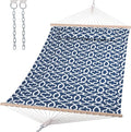 SUNCREAT Double Tree Hammock with Hardwood Spreader Bar, Extra Large Soft Pillow, Heavy Duty Hanging Hammock for Indoor, Outdoor, Blue Pattern